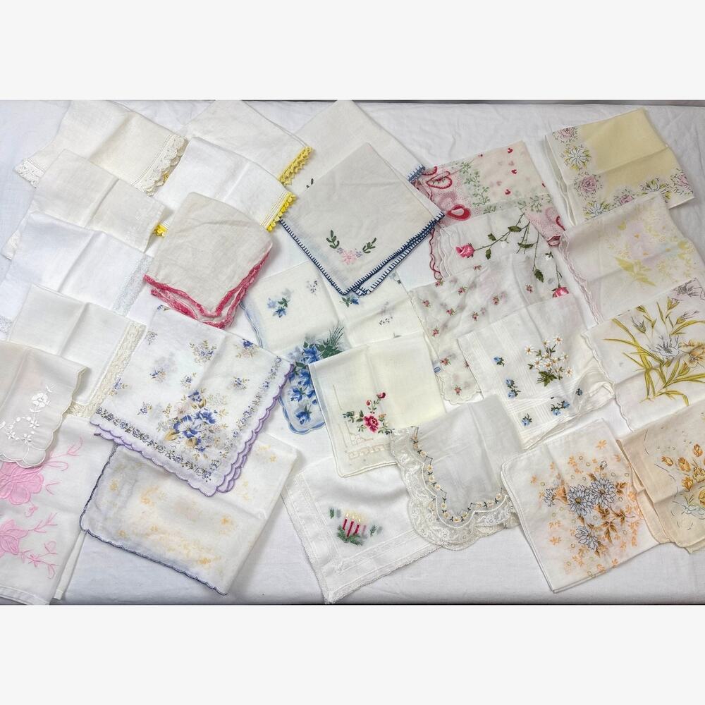 Vintage Handkerchief Hankies Lot of 26 Floral Design Kitsch Granny Core Decor